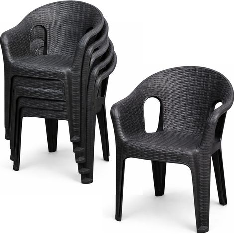 Set 6 Sedie Impilabili Effetto Rattan Antracite in Plastica con Braccioli e schienale Basso per Interni ed Esterni - Misura 56×47×81 cm (1/5)