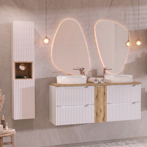 Ensemble meuble double vasque 140cm 4 tiroirs et colonne Riva Blanc et Bois (1/5)