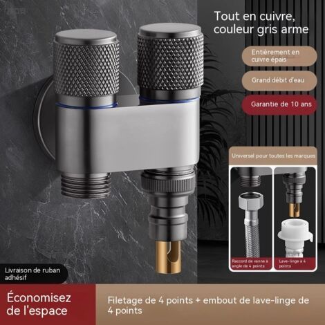 Robinet Double Sortie à Double Commande, Vanne d'Arrêt Automatique pour Lave-linge, Robinet Compagnon pour WC, Acier Inoxydable, Gris Pistolet, Filetage 4 Points (1/4)
