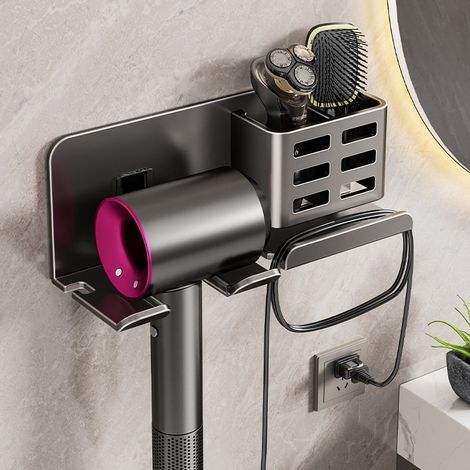 Support pour sèche-cheveux en aluminium spatial, fixation murale sans perçage, spécialement conçu pour les salles de bains, robuste et durable. (1/5)
