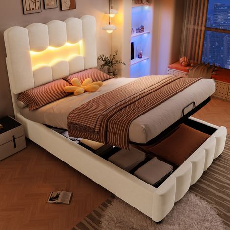 Polsterbett 90/200 cm beige aus Samt mit Stauraum und LED-Beleuchtung (1/5)