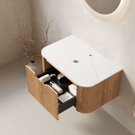 Mobile bagno sospeso DINA 61 cm, piano bianco Carrara, cassetto, legno, REDOM (1/5)