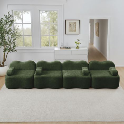 Canapé Modulable 4 Places Forme Coquillage, Canapé Sans Structure en Mousse Haute Densité 32D, Assise Profonde, Coussins d’Accoudoirs Mobiles, pour Salon et Appartement, Vert (1/5)