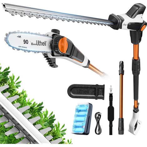 2-in-1 Akku Teleskop Heckenschere & Hochentaster, 47 cm Stabheckenschere, feste Verlängerungsstange Litheli