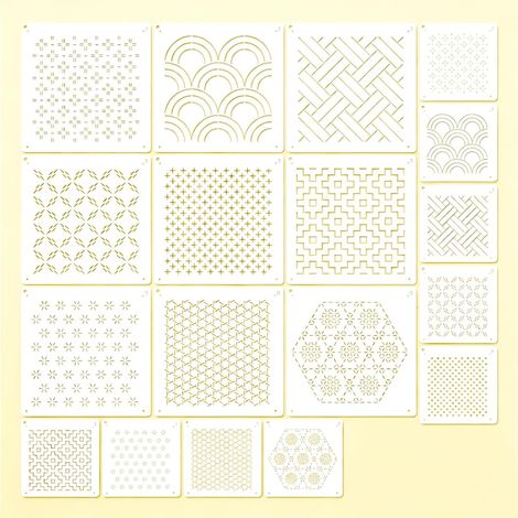18 Pièces Pochoir Sashiko, Gabarit Plastique Motif Géométrique, Outil Couture pour Quilting à la Main et Design Textile, 22x22cm et 12x12cm (1/5)