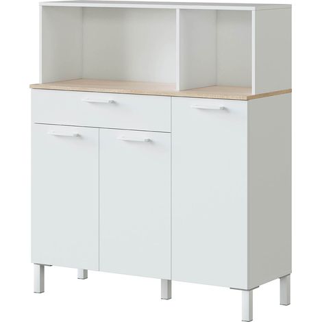 Pegane – Buffet meuble cuisine 3 portes et 1 tiroir – Coloris blanc artic et chêne canadien – Dimensions 126 x 108 x 40 cm – Fabrication espagnole certifiée PEFC