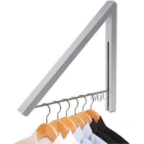 Étendoir à linge mural pliable avec barre porte-manteaux amovible pour buanderie, chambre, balcon, camping-car (argenté) (1/5)