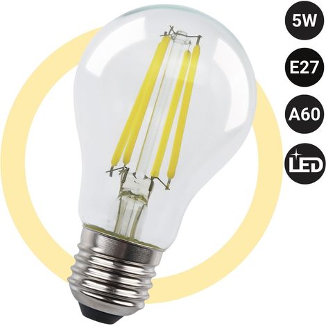 Ampoule LED filament E27 A60 - 5W - Transparente - Blanc Chaud