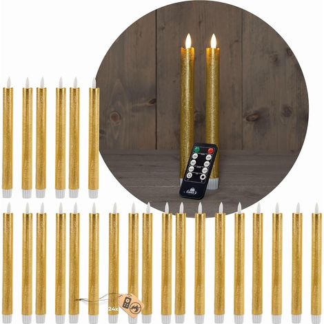Bougies coniques LED Novaliv 12 pièces VRAIE CIRE OR avec fonction minuterie 6 heures 18 cm de hauteur pour bougies 2,2 cm de diamètre 2 piles AAA