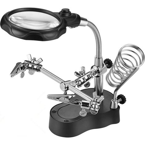 Troisième Main avec loupe auxiliaire, Station de loupe pour soudage, Soudure Loupe en Verre auxiliaire avec éclairage LED Outils de réparation de Soudure de Table pour travaux de réparation (1/5)