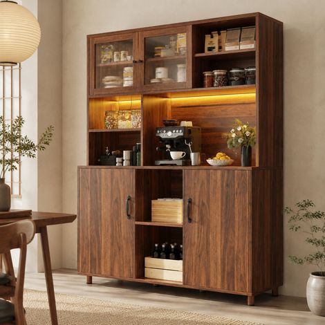 Credenza 140x40x185 cm in legno e vetro marrone noce, per cucina o soggiorno FloraGrace (1/5)