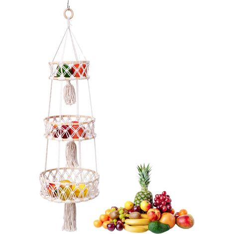 Panier Suspendu 3 Niveaux, Panier Mural Bohème Pour Légumes Et Fruits, Panier Fruits Coton Bohème, Macrame Basket De Fruits (1/4)