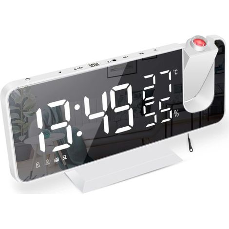 Reveil Projecteur,Radio Réveil avec Température,Humidité,Ecran LED Miroir de 7,5 Pouces, avec Fonction de Gradation Automatique, (Blanc)