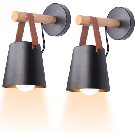 Lot de 2 appliques murales d'intérieur minimalistes vintage, lampe murale moderne E27, luminaire, abat-jour en métal avec support en bois pour chambre à coucher, bureau, couloir (1/5)
