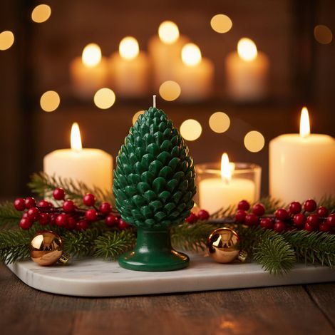 Candela decorativa pigna con base per tavola e decorazioni natalizie -Verde (1/4)