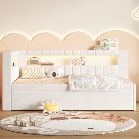 Polsterbett 90x200 mit Ausziehbett, 3 Schubladen, LED & USB, Weiß OKMYHOME (1/5)