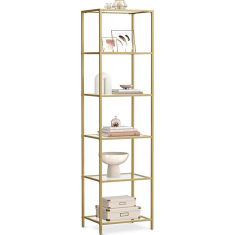 Étagère en Verre à 6 Niveaux, Bibliothèque, Étagère de Rangement, Verre Trempé, Facile à Monter, pour Salle de Bain, Salon, Chambre, Bureau, Doré (1/5)