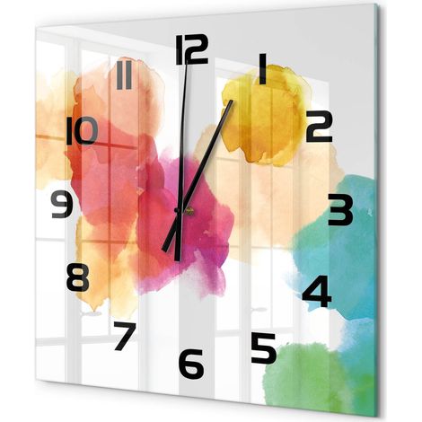 Grande Horloge Murale Carrée Verre Trempé Design Épuré Silencieuse pour Intérieur Taches colorées 60x60 cm (1/5)