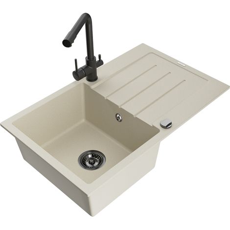 Mexen Bruno évier en granit 1 bac avec égouttoir et robinet de cuisine Duero, beige - 6513-69-671600-70 (1/5)