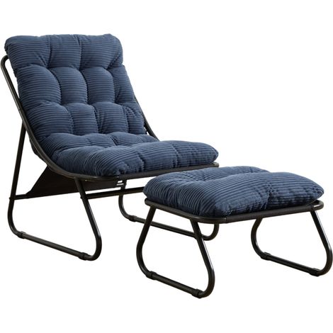 Fauteuil de jardin avec ottomane, structure en acier noir et coussins bleu marine (1/5)