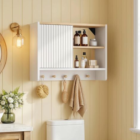 Armoire murale de salle de bain meuble de rangement de salle de bains avec porte étagères ouvertes et 5 crochets aménagement intérieur (1/4)