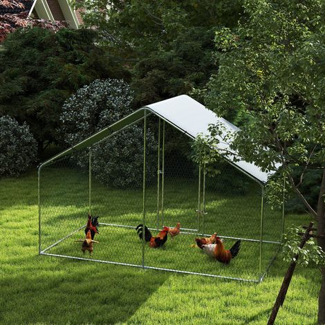 Grand poulailler en métal (3 x 1,7 x 1,9 m) avec housse imperméable et résistante aux UV, couleur argent. (1/5)