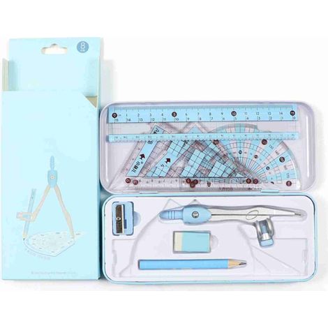 Kit di geometria matematica da 8 pezzi per studenti, comprensivo di righello, goniometro, compasso, matita e gomma, per il disegno tecnico. (1/5)