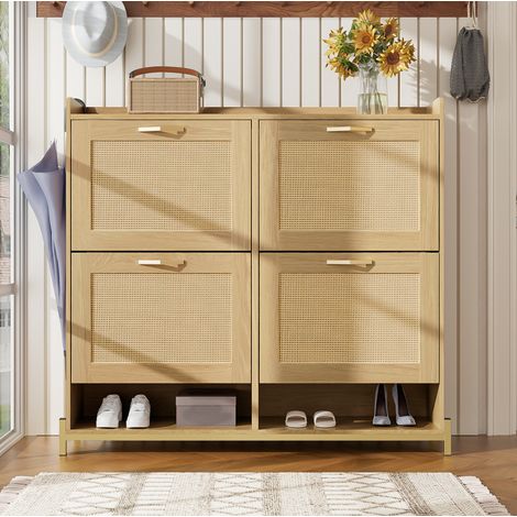 Scarpiera salvaspazio 108,5x24x100 cm, con ripiano superiore, per ingresso ordinato, MDF, rovere chiaro (1/5)