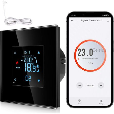 Zigbee Thermostat intelligent encastré avec sonde - Thermostat d'ambiance numérique pour chauffage au sol et chauffe-eau - Compatible avec et - Commande vocale - Noir (1/5)