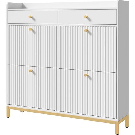 Zapatero estrecho con 4 puertas abatibles y 2 cajones, blanco, 106,5 x 25 x 107 cm (1/5)