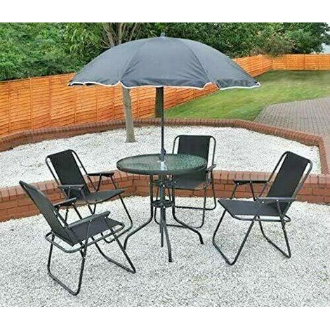 6pc Black Garden Furniture Set (Dining Table, 4 Chairs & Parasol) (1/4)