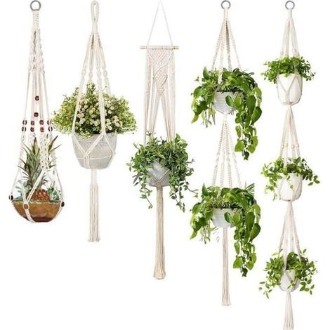 (Beige) Set mit 5 Makramee-Pflanzenampeln – SODIAL – Verschiedene Höhen – Pflanzgefäß aus Baumwollseil – Beige (1/4)