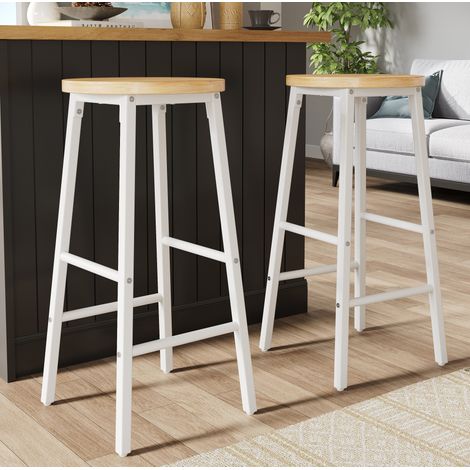 Set di 2 sgabelli da bar, seduta effetto legno, 63 cm, metallo bianco, 150 kg OKMYHOME (1/5)