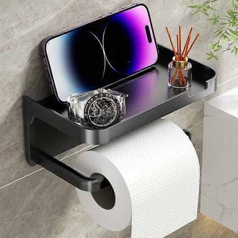 Porte-papier toilette en aluminium avec étagère de rangement adhésive pour salle de bain et téléphone (1/5)