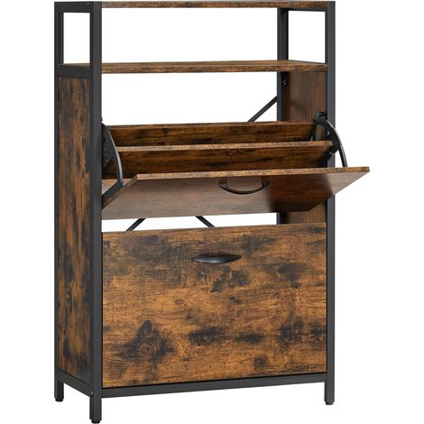 Vasagle – Meuble à chaussures à abattants – Rangement pour 8-12 paires – Compartiments ouverts et séparateurs réglables – Dimensions 60 x 30 x 95 cm – Marron rustique et noir