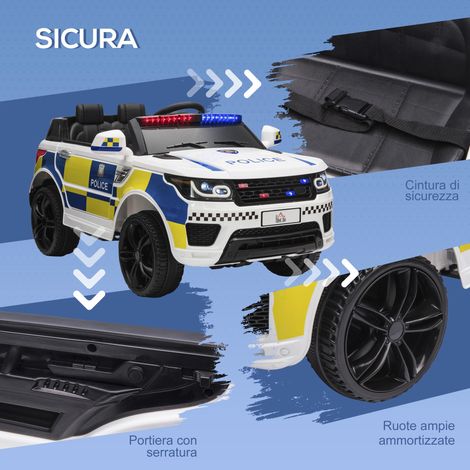 Voiture de police électrique pour enfants, voiture électrique 12V pour enfants, avec télécommande, sirène, lumières, interface musicale USB, dimensions : 110x68x52 cm, blanche. (1/5)