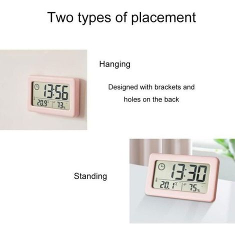 Thermo-Hygrometre - Affichage Numerique Temperature Humidite - Horloge Multifonction 12/24H ℃/℉ - Support Pied Et Suspension - Rose - 1 Unite (1/4)