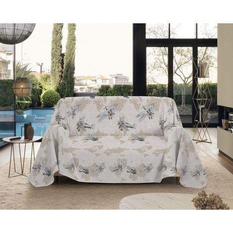 Telo Arredo Made in Italy in Cotone Grandfoulard Copritutto Copridivano Copriletto-Teli Sofà Arredatutto-Drappeggio-Arazzo-Copridivano Grand Foulard Letto Matrimoniale - Aerei Beige