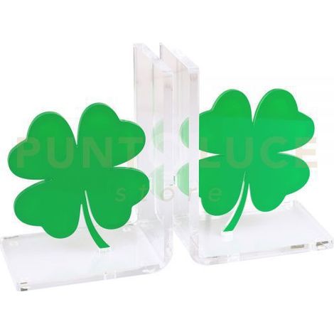REGGILIBRO QUADRIFOGLIO IN CRISTALLO ACRILICO TRASPARENTE E VERDE