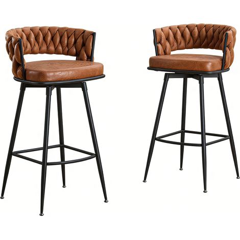 Tabouret de Bar Pivotant, Dossier Tressé Marron, Assise en Simili-Cuir Rembourrée, Structure Métal Noir, Tabouret Haut de Cuisine pour Îlot de Cuisine (1/5)