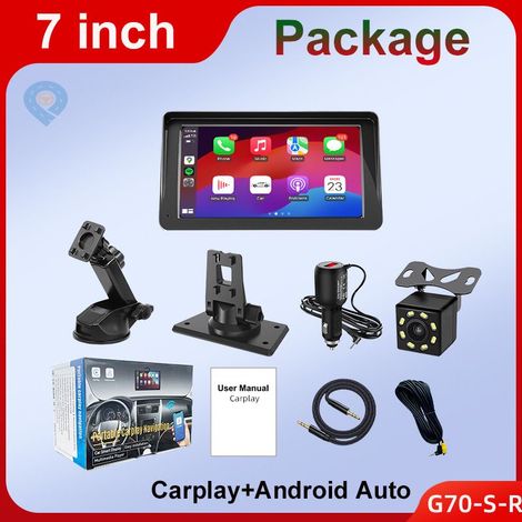 Tragbares, kabelloses Autoradio mit CarPlay, 7-Zoll-HD-Touchscreen mit Apple CarPlay und Android Auto, Rückfahrkamera, Zigarettenanzünderadapter, Montagehalterung, für alle Fahrzeuge