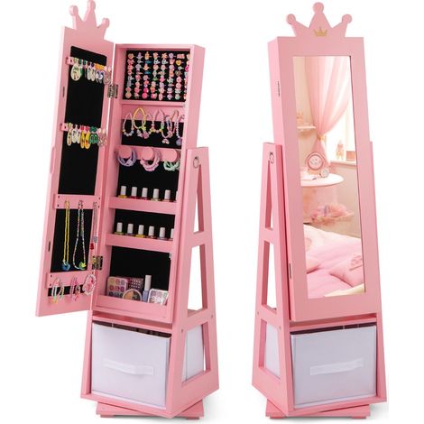 Mobiletto portagioie per bambini con specchio indipendente 31,5 x 30 x 122 cm pratica base girevole stile moderno MDF rosa 200010199