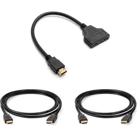 Câble Répartiteur HDMI 1 Entrée mâle 2 Sorties femelles + 2 Câbles HDMI 1 mètre - Connecter HDMI à 2 périphériques - Straße Tech ®