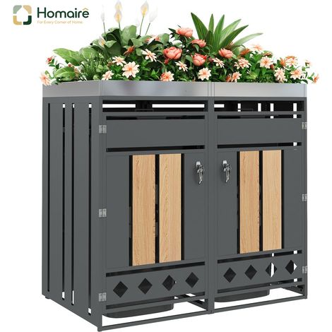HOMAIRE Mülltonnenbox abschließbar avec deux portes, surface de plantation et panneaux de porte à grain de bois vertical et socle creux en forme de losange