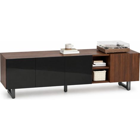 Meuble TV bas 4 portes avec rangements ouverts, façade noir brillant et effet bois, style minimaliste, 180 x 38 x 50 cm pour salon moderne - CHICFURN (1/5)