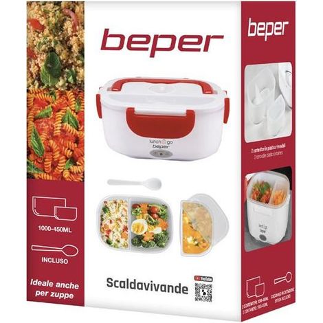 BEPER - Chauffe-plats électrique portable, 2 récipients amovibles, plaque chauffante en acier, couverts en plastique inclus, 220 V - Rouge (1/2)