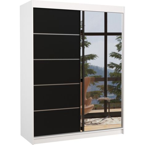 Armoire de chambre blanche 2 portes coulissantes 1 noir et 1 miroir Limka 150cm (1/5)