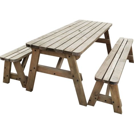 7ft (210cm) Picnic table and bench set, rustic brown finish, Victoria rounded corners (1/3)