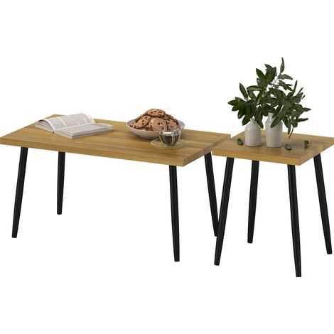 Ensemble de 2 tables basses, une grande et une petite, avec structure en métal et plateau en bois, tables basses modulables, bois naturel (1/5)