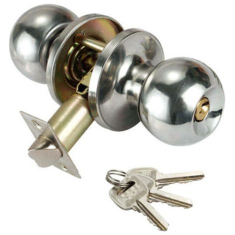 Poignée de porte ronde avec verrouillage par clés – Acier inoxydable – Cylindre en cuivre pur – Longueur de languette 60/70mm (1/5)